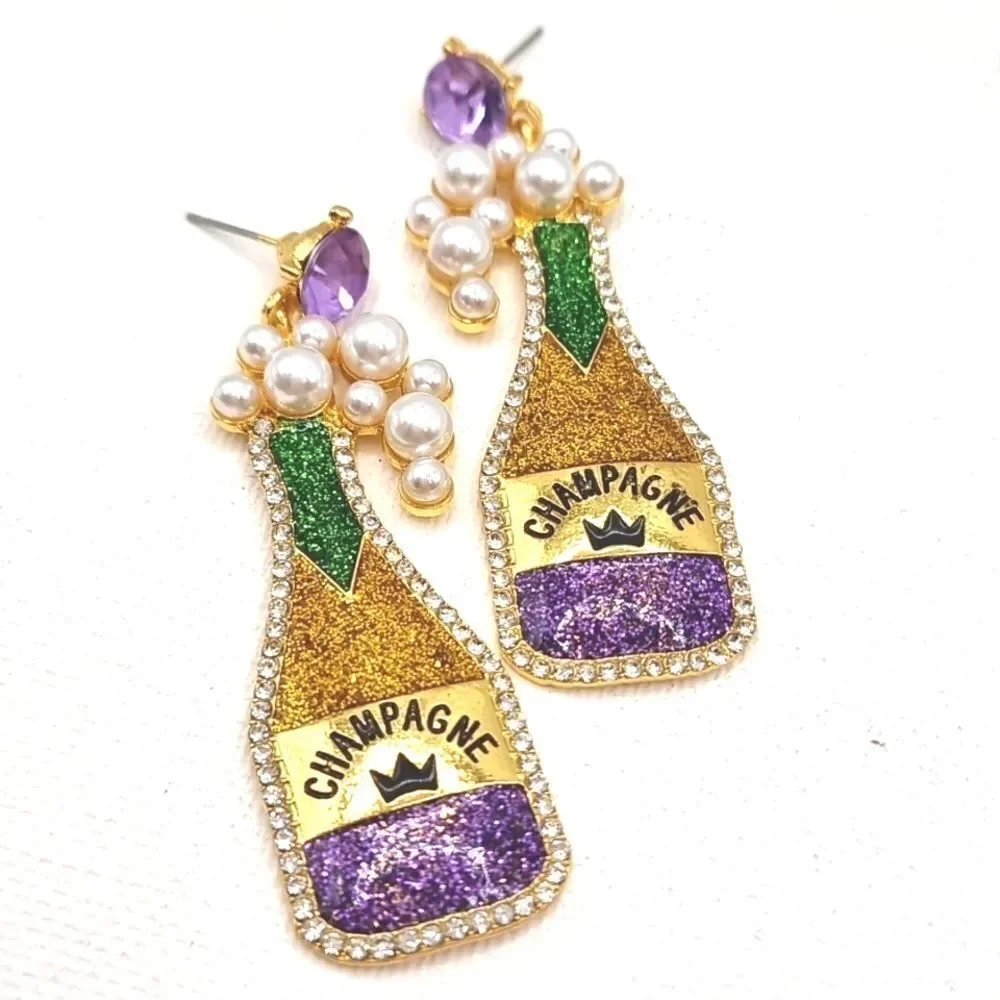 Mardi Gras Chamagne cocktail earrings Rhinestone Pearls |  NEW
